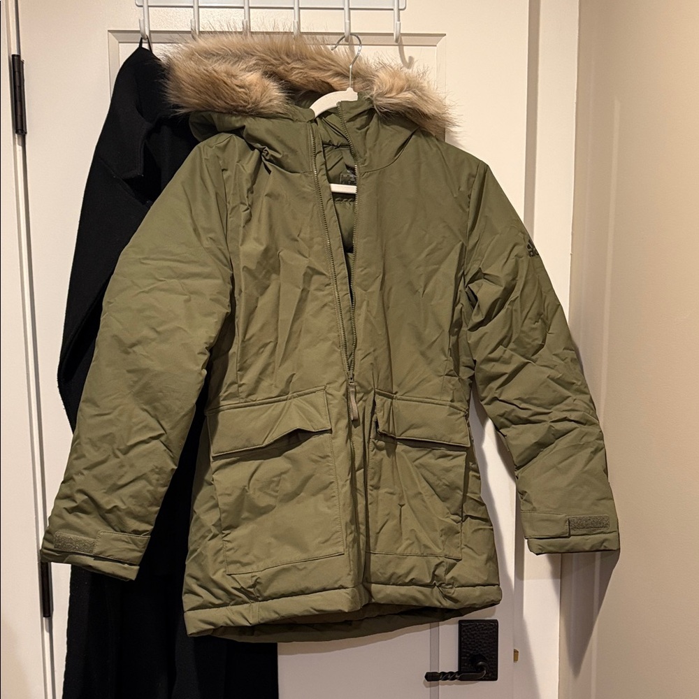 adidas Olive Puffer Jacket with Faux Fur Hood